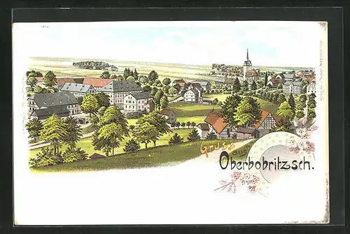 Lithographie Oberbobritzsch, Totalansicht mit Kirchturm