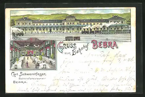 Lithographie Bebra, Bahnhof mit Restaurant, Inh. Carl Schwerdtfeger