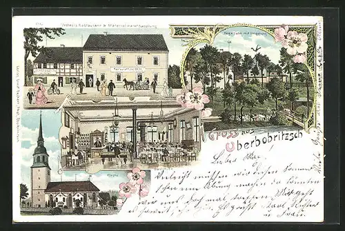 Lithographie Oberbobritzsch, Restaurant Wetzel`s mit Kirche und Kegelbahn
