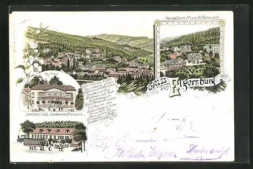 Vorläufer-Lithographie Elgersburg i. Thür., 1895, Gesamtansicht mit Kurhaus und Schröder`s Café