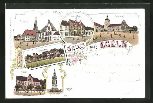 Lithographie Egeln, Rathaus, Krieger-Denkmal, Schule