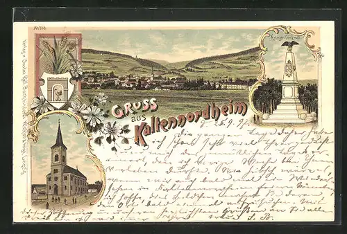 Lithographie Kaltennordheim, Totalansicht mit Kriegerdenkmal und Kirche