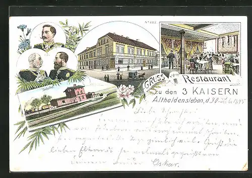 Vorläufer-Lithographie Althaldensleben, 1895, Restaurant zu den 3 Kaisern, Bahnhof