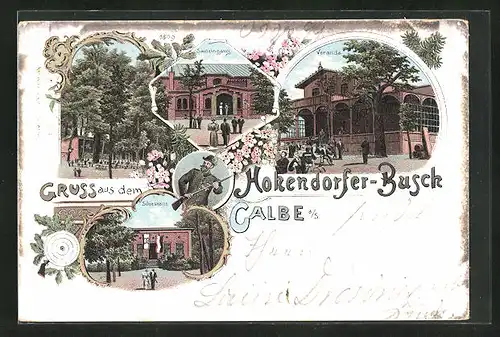 Lithographie Calbe a. S., Gasthof Hohendorfer-Busch mit Schiesshalle und Veranda