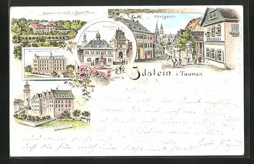 Lithographie Idstein i. Taunus, Hotel Merz in der Obergasse, Bau-Gewerkschule