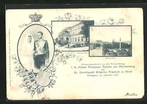 AK Stuttgart, Erinnerungskarte an die Vermählung Prinzessin Pauline von Württemberg mit Erbprinz Friedrich zu Wied
