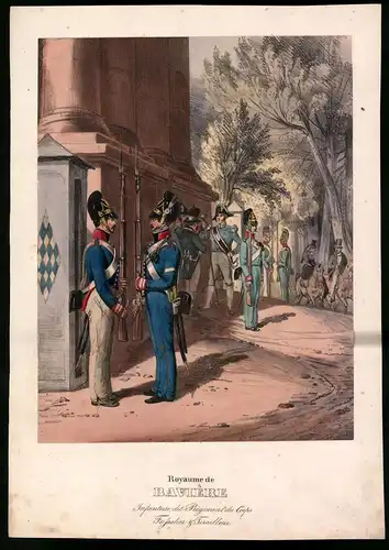 Lithographie Royaume de Bavière, Infanterie, altkoloriert, montiert, aus Eckert & Monten um 1840 Vorzugsausgabe