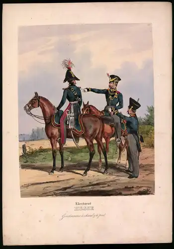 Lithographie Electorat Hesse, Gendarmerie, altkoloriert, montiert, aus Eckert & Monten um 1840 Vorzugsausgabe, 36 x 26cm