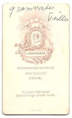 Fotografie C. Grieshaber, Liestal, Portrait älterer Herr im Anzug mit Oberlippenbart