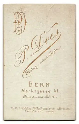 Fotografie P. Does, Bern, Marktgasse 41, Portrait bürgerliche Dame mit Hochsteckfrisur und Kragenbrosche