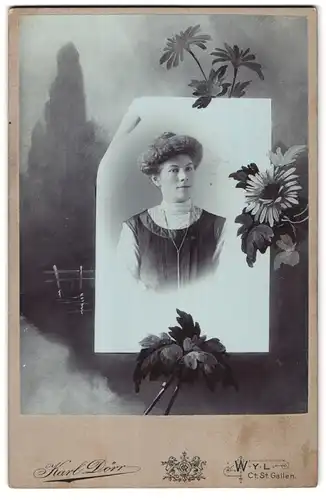 Fotografie Karl Dörr, Wyl, Obere Bahnhofstr. Portrait junge Frau im Kleid mit Kette und Hochsteckfrisur