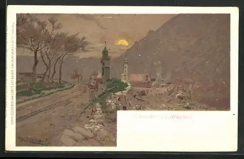 Künstler-AK Otto Strützel: Wösendorf a. d. D. /Wachau, Ortspartie mit Mann bei Sonnenuntergang