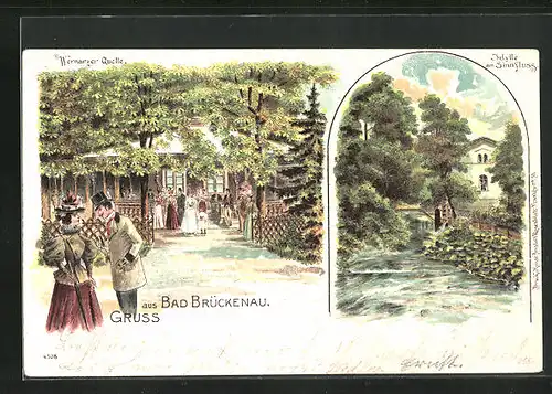 Lithographie Bad Brückenau, Gasthaus Wernarzer Quelle, Idylle am Sinnfluss