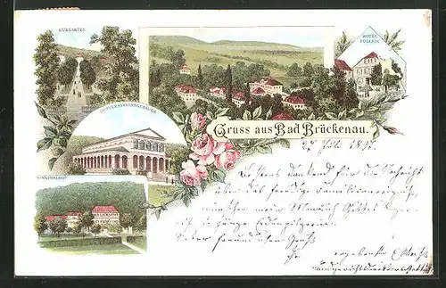 Lithographie Bad Brückenau, Kurgarten, Hotel Füglein, Sinnthalhof