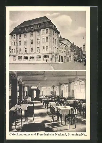 AK Straubing / Nb., Café und Hotel National mit Innenansicht