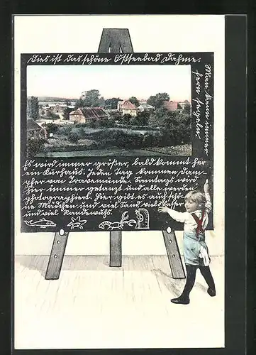 Schultafel-AK Dahme, Ortsansicht auf der Tafel mit niedlichem Kind, Grusskarte