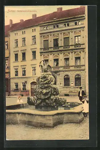 AK Zittau, Blick auf den Schwanenbrunnen