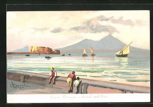 Künstler-AK Napoli, Vesuvio e Castel dell`Ovo, Blick zum Vesuv