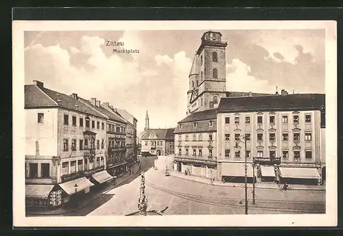 AK Zittau, Marktplatz mit Geschäften