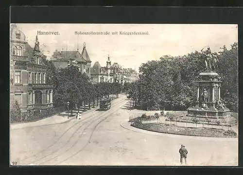 AK Hannover, Hohenzollernstrasse mit Kriegerdenkmal und Strassenbahn