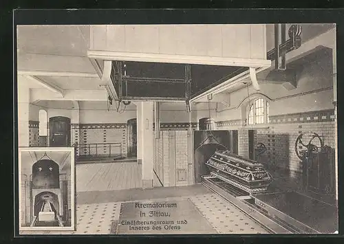 AK Zittau i. Sa., Krematorium, Einäscherungsraum und Inneres des Ofens