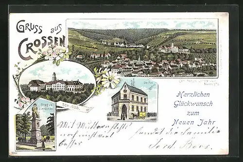 Lithographie Crossen / Elster, Schloss, Sieges-Denkmal, Post, Neujahrsgruss