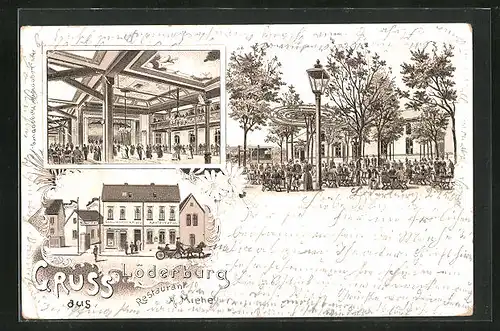 Lithographie Löderburg, Restaurant und Kolonialwarengeschäft von A. Miehe, Innenansicht, Garten