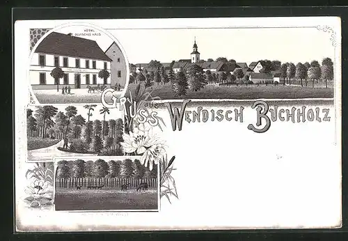 Lithographie Wendisch Buchholz, Hôtel Deutsches Haus, Motiv aus dem Walde, Uferpartie mit Boot