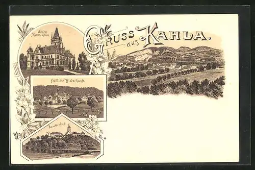 Lithographie Kahla, Schloss Hummelshain, Fröhliche Wiederkunft, Leuchtenburg