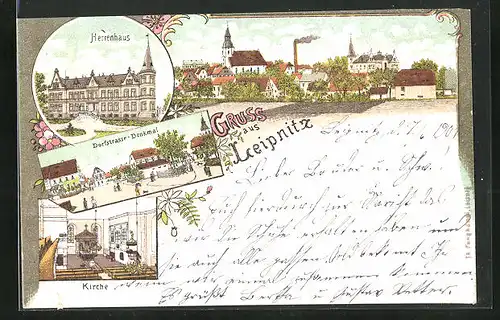 Lithographie Leipnitz, Herrenhaus, Dorfstrasse-Denkmal, Inneres der Kirche