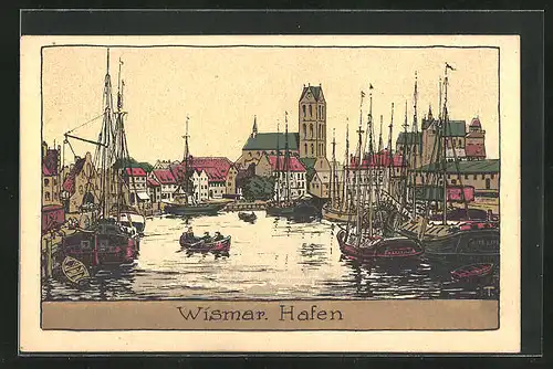 Steindruck-AK Wismar, Hafen