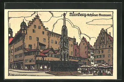 Steindruck-AK Nürnberg, Schöner Brunnen