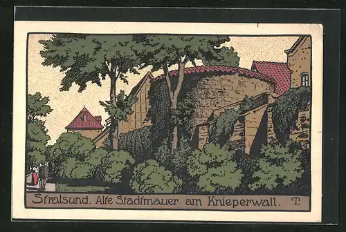 Steindruck-AK Stralsund, Alte Stadtmauer am Knieperwall