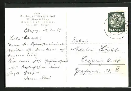 AK Oberhof /Thür., Hotel Kurhaus Schweizerhof M. Kütter & Söhne im Schnnee