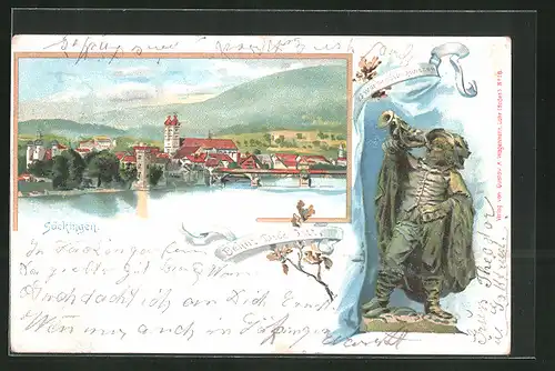 Lithographie Säckingen am Rhein, Ortsansicht & Trompeter