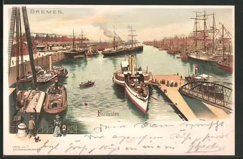 Lithographie Bremen, Freihafen mit Schiffen