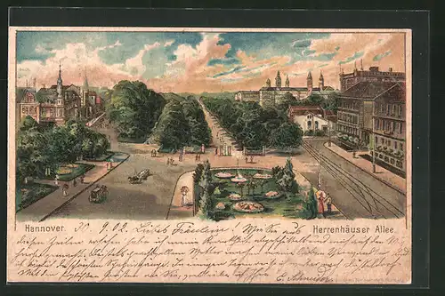 Lithographie Hannover, Herrenhäuser Allee aus der Vogelschau