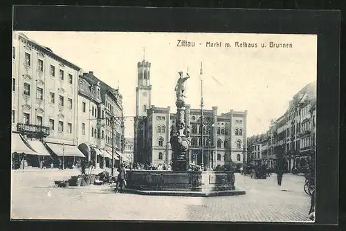 AK Zittau, Markt mit Rathaus und Brunnen