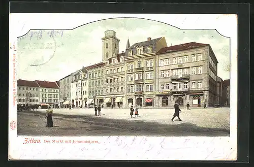 AK Zittau, Der Markt mit Geschäften und Johannisturm