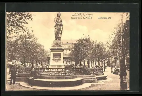 AK Mainz, Schillerplatz mit Denkmal