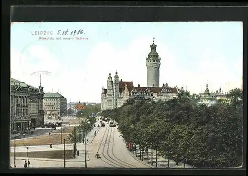 AK Leipzig, Rossplatz mit neuem Rathaus und Strassenbahn