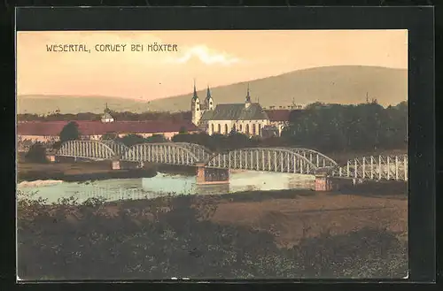 AK Corvey bei Höxter, Wesertal mit Kirche und Brücke