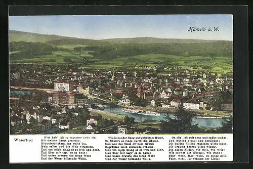 AK Hameln a. W., Teilansicht mit Brücke und Dampfer, Weserlied
