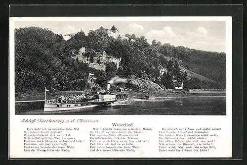 AK Fürstenberg /Oberweser, Dampfschiff passiert Schloss, Weserlied