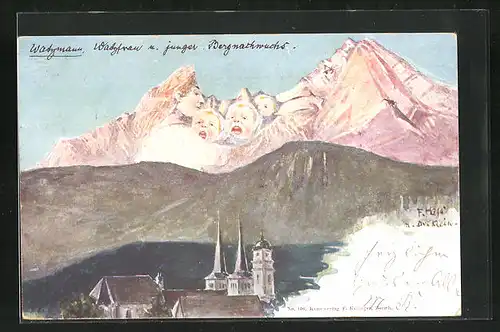 Künstler-AK Fritz Hass, Killinger Nr. 146: Watzmann, Watzfrau und junger Bergnachwuchs, Berg mit Gesicht / Berggesichter
