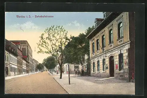 AK Werdau i. S., Bahnhofstrasse mit Café Lamprecht