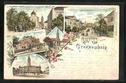 Lithographie Grossenhain, Postgebäude, Stadthauptkirche, Rathaus