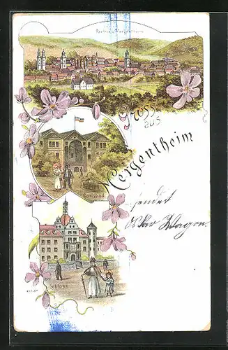 Lithographie Mergentheim, Totalansicht mit Kirchtürmen, Carlsbad und Schloss