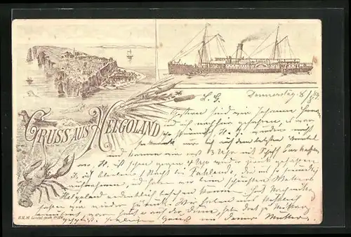 Lithographie Helgoland, Insel aus der Vogelschau, Dampfer beim Ausschiffen