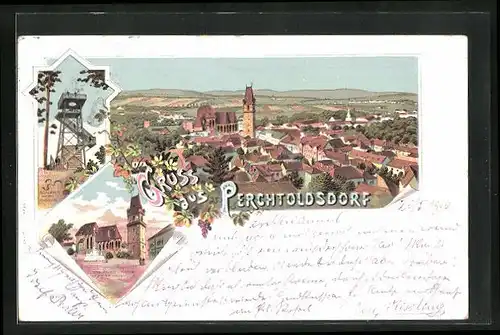 Lithographie Perchtoldsdorf, Kirche am Marktplatz, Josefswarte auf dem Föhrenberg